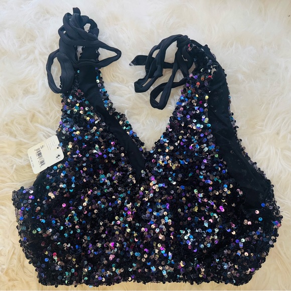 Free People Big Night Sequin Crop Top in Black-Size Small - Picture 3 of 8